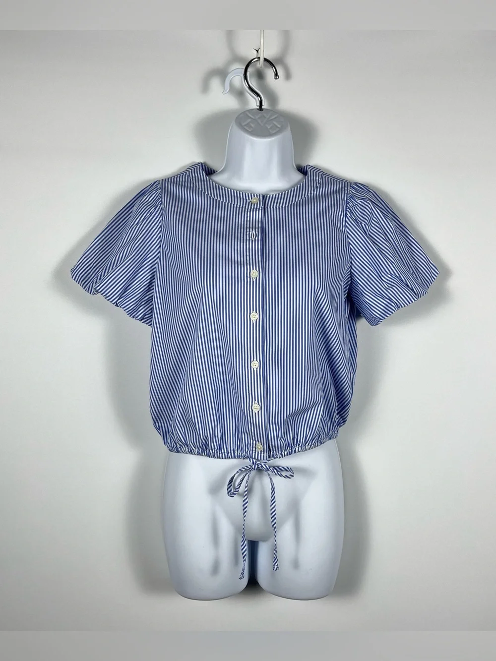 J.Crew Striped Puff-Sleeve Tie-Waist Top Om Baker Blue and White Size XXS NWT